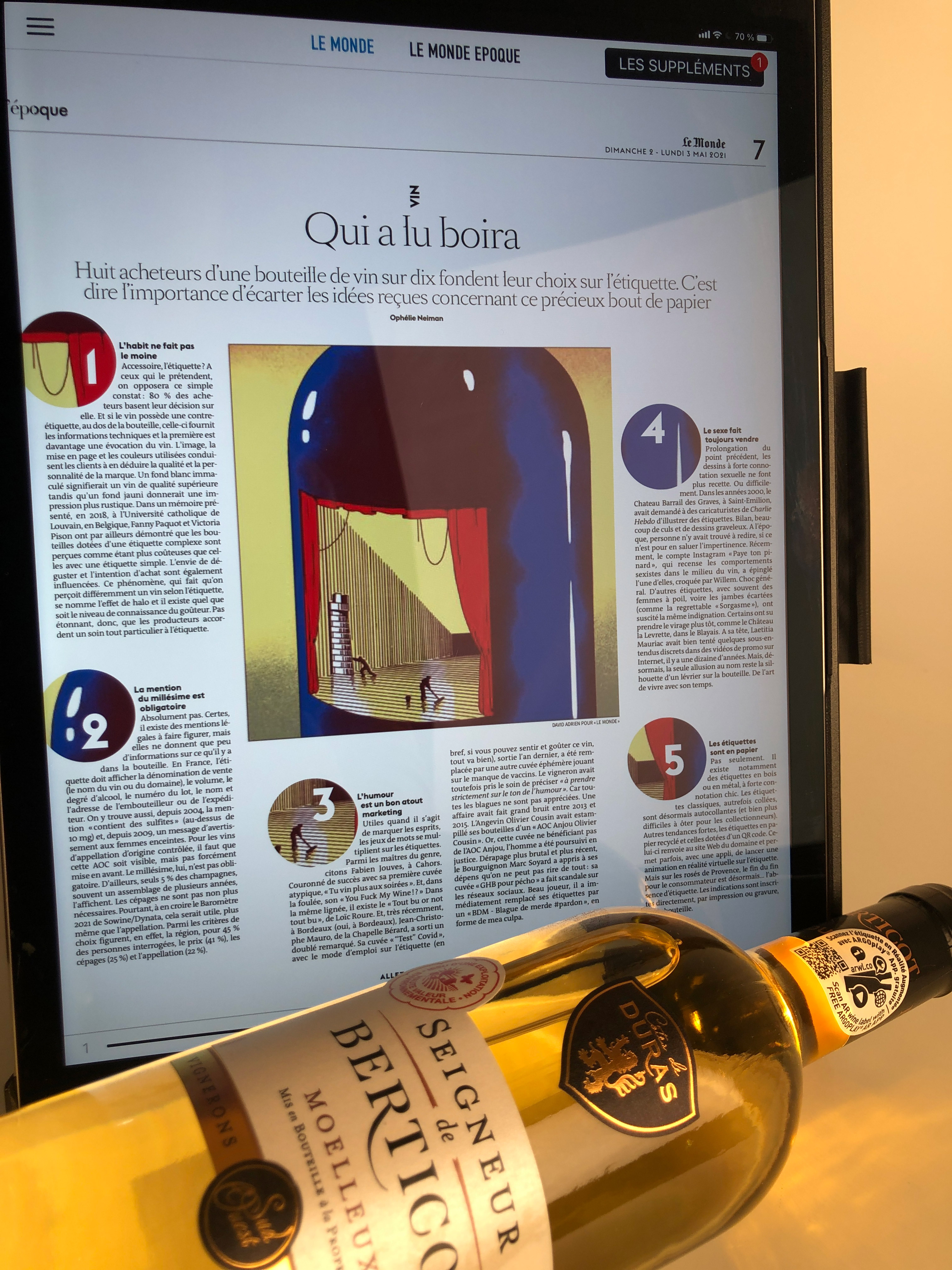 Le Monde 02.05.2021 et vin Berticot Moelleux enrichi en Réalité Augmentée par ARWL.CO
