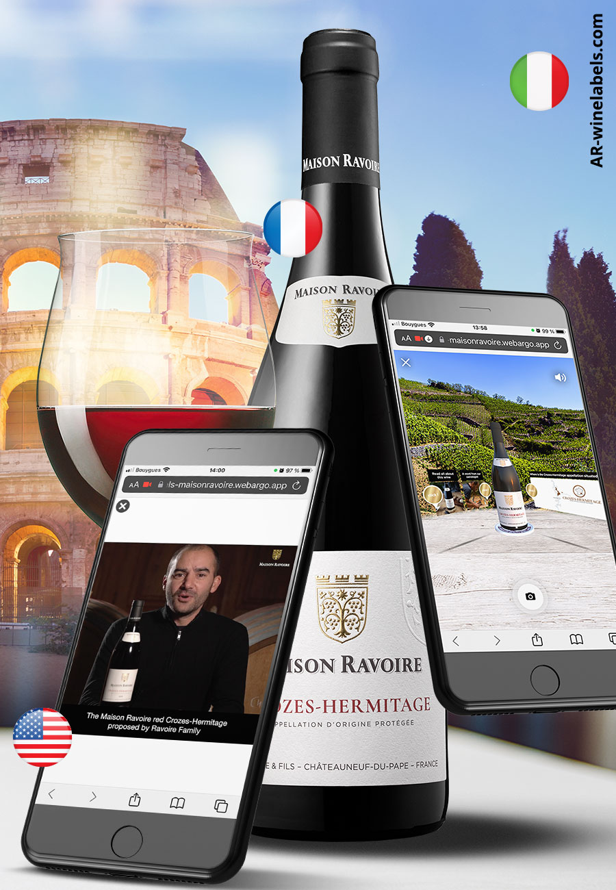 Accessible directwebAR via QRcode, the wines of the Ravoire Family,
  Crozes-Hermitage, Gigondas, Côtes du Rhône, Cairanne immerse French and
  English-speaking consumers in a 180° digital panorama and digital integrations.
  An experiment close to the Metaverse.