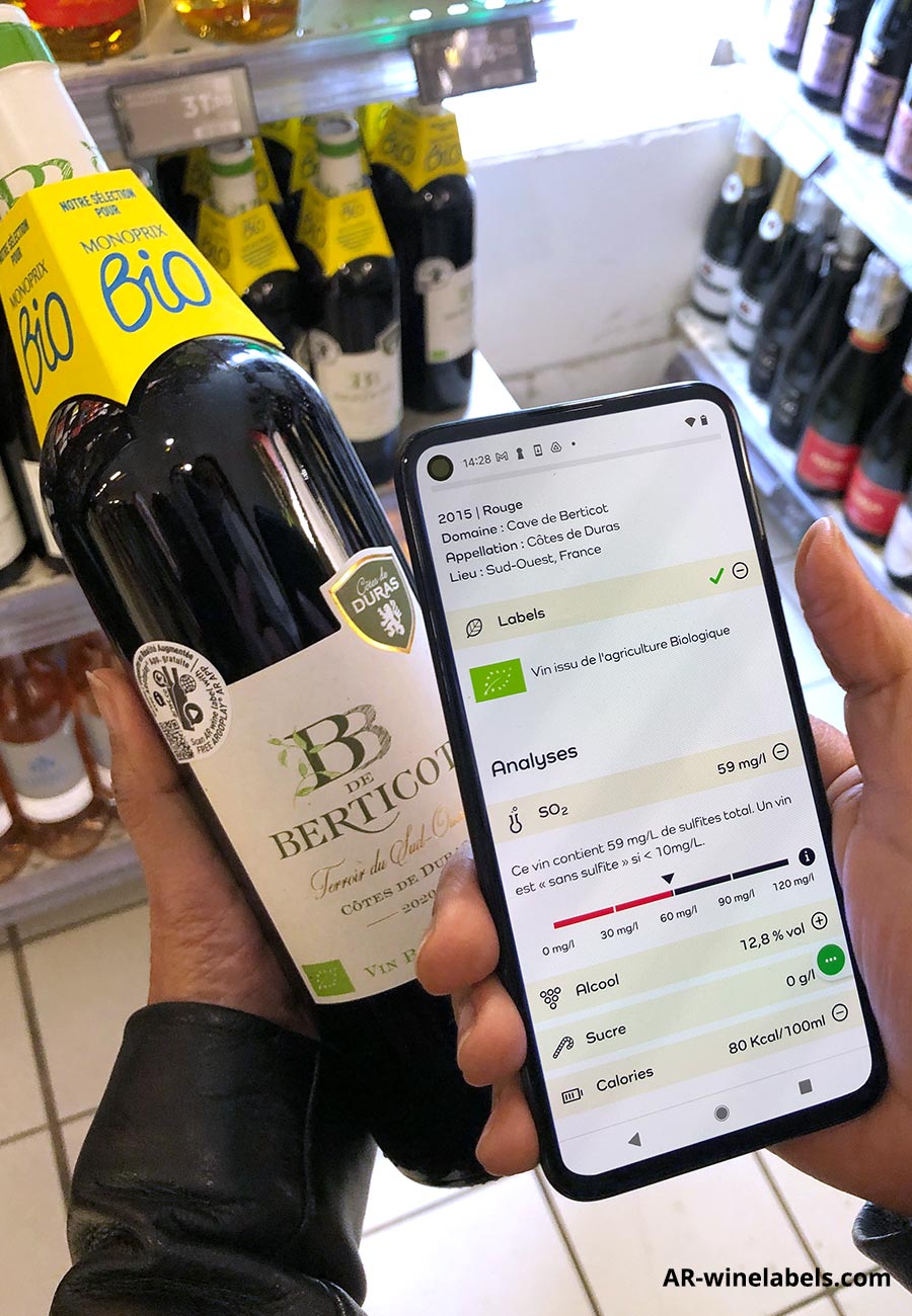 ARwinelabels now displays the nutritional information and other
  additives of the cuvées whose data have been recorded on the site of our
  partner Dansmabouteille.com. A new feature to offer more transparency to consumers.