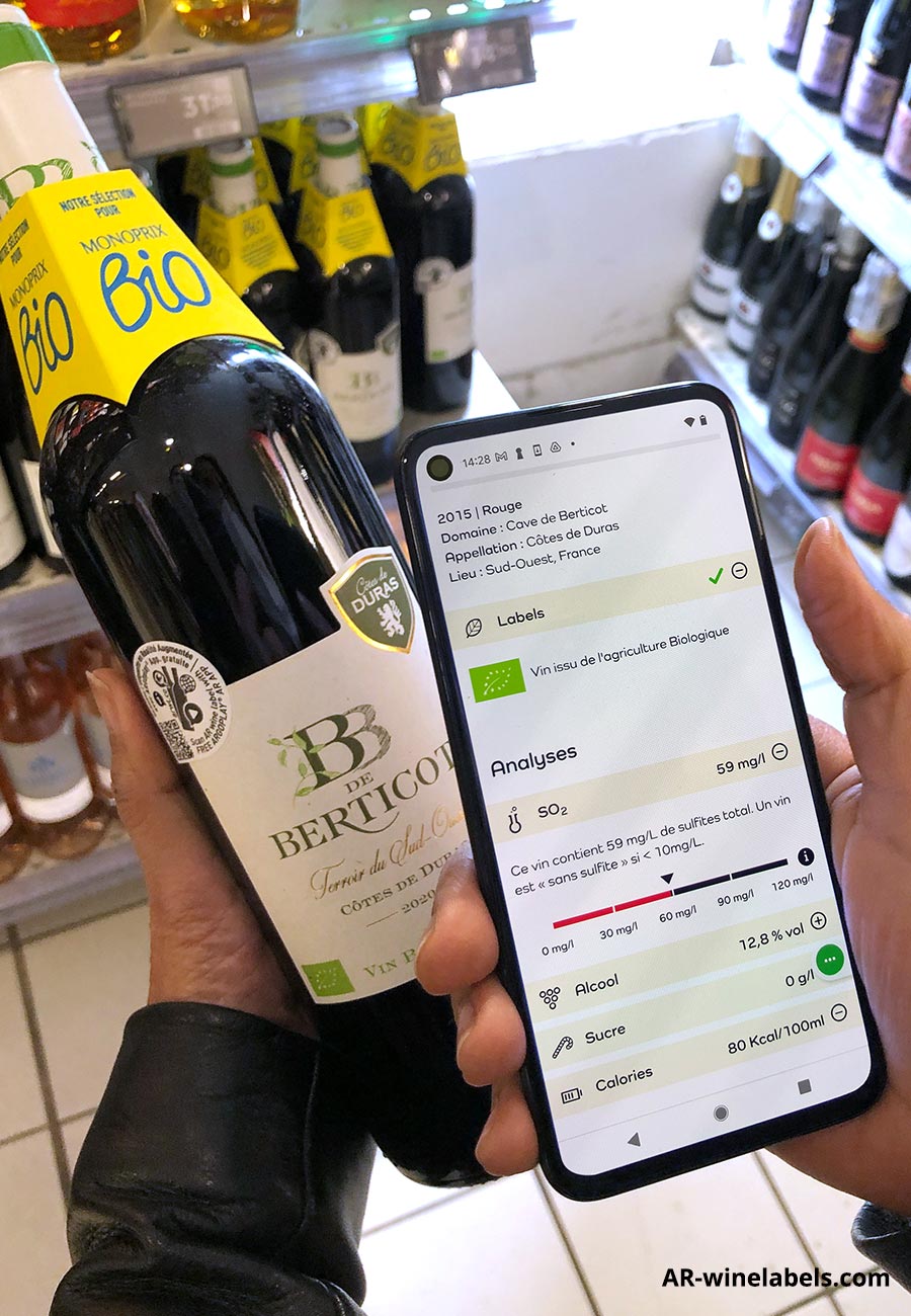 ARwinelabels affiche désormais les infos nutritionnelles et
  autres additifs des cuvées dont les données ont été enregistrées sur le site
  de notre partenaire Dansmabouteille.com. Un nouvelle fonctionnalité pour offrir
  toujours plus de transparence aux consommateurs.